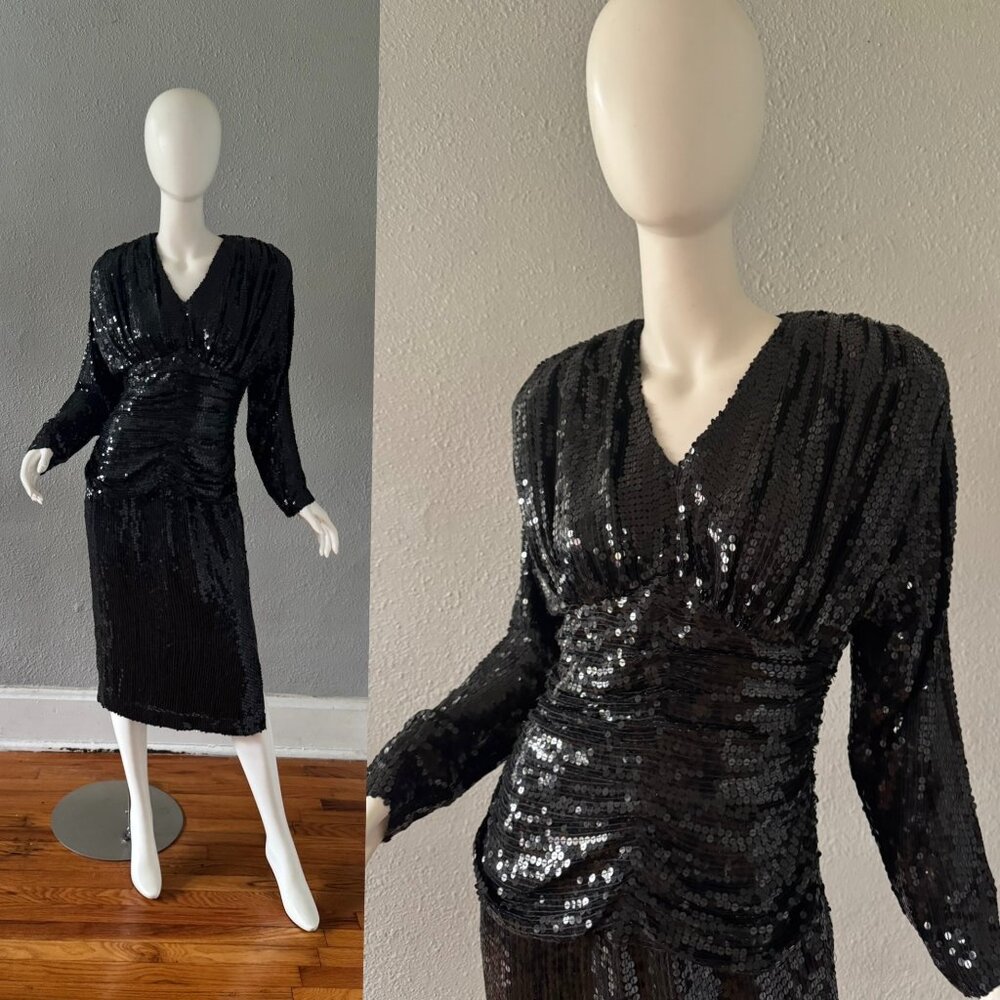 Vintage 80s Black Glam Silk Sequin Dolman Sleeve Cocktail Dress S/M